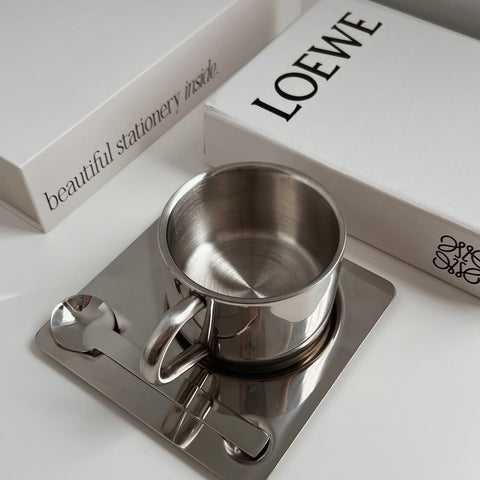 Steel Coffee Cup with Square Saucer & Spoon