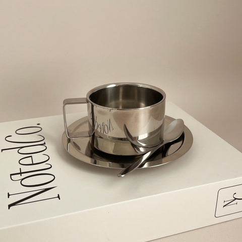 Steel Coffee Cup with Saucer & Spoon