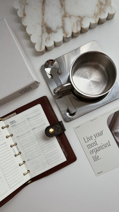 Steel Coffee Cup with Square Saucer & Spoon