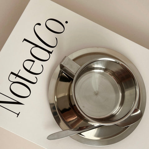 Steel Coffee Cup with Saucer & Spoon