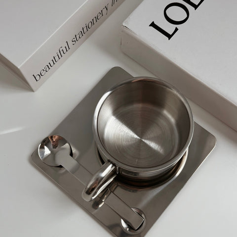 Steel Coffee Cup with Square Saucer & Spoon