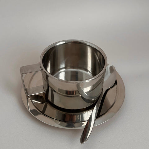 Steel Coffee Cup with Saucer & Spoon